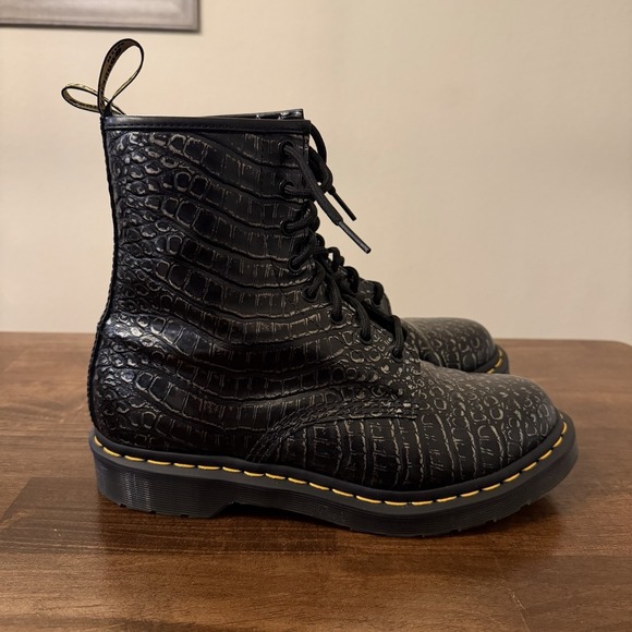 Dr. Martens Shoes - Dr. Martens 1460 Gunmetal Wild Croc Crocodile Embossed Combat Boots Women Size 9